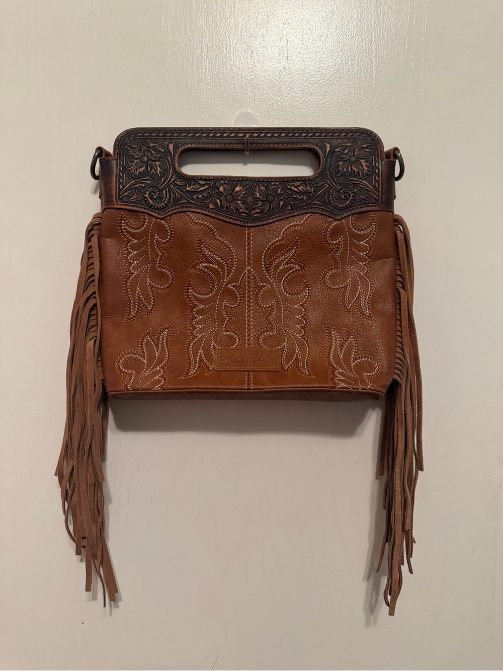 Wrangler Brown Leather Fringe Handbag with Tooled Leather Handle